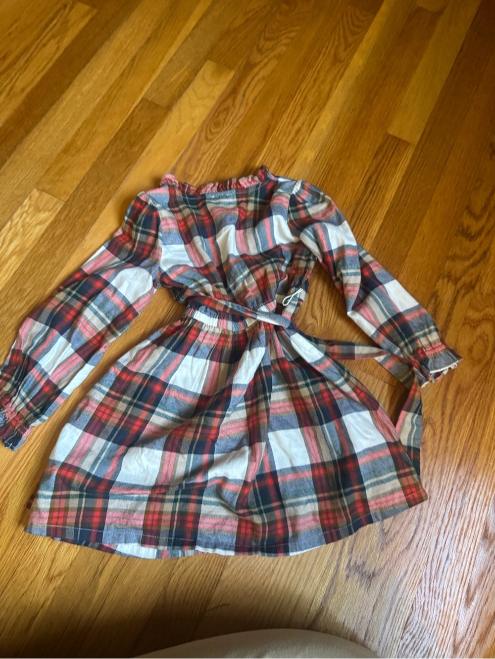 Crewcuts Plaid Tie-Waist Long-Sleeve Dress in Red, Navy & Cream